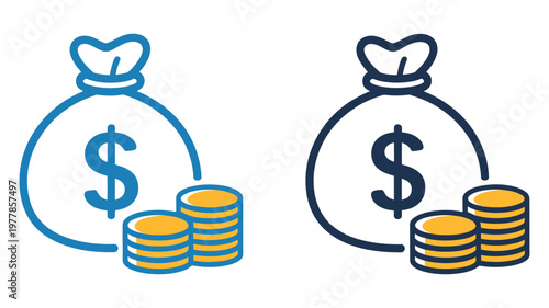 Two stylized dollar money bags with gold coin stacks, light blue and dark blue outlines, golden dollar symbols, financial comparison concept, vector illustration ideal for banking, investment