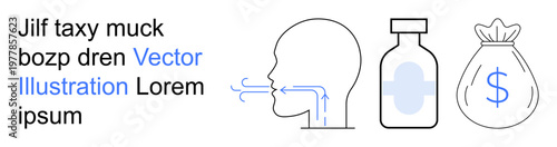 Health education, medical research, pharmaceutical industry, respiratory care, financial implications, healthcare investment. Outline of breathing diagram, vial and money bag. Health education