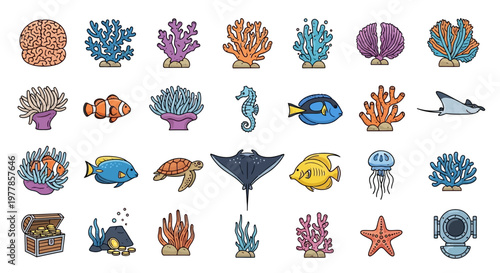 Colorful ocean fish and sea creatures.