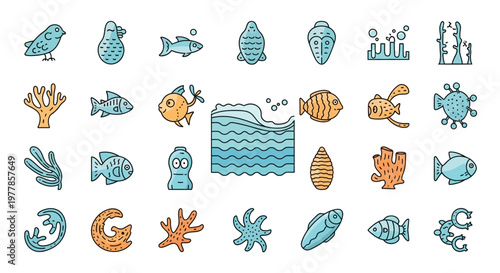 Colorful Ocean Fish Sea Creatures Icons.