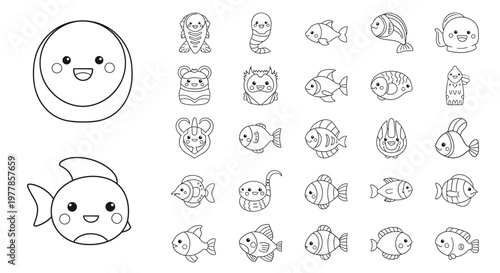 Cartoon fish and sea creatures drawings.