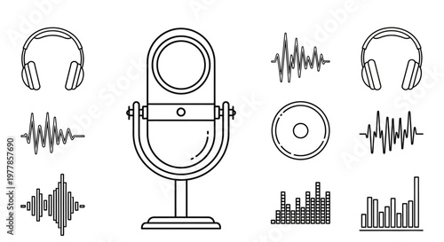 Microphone with headphones and sound waves.