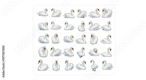 Multiple swans in various poses.