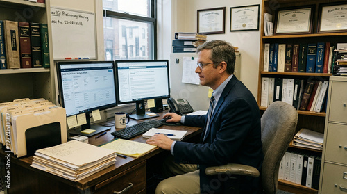 Man sits at a wooden desk with two computer monitors