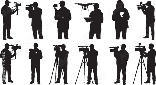 Silhouettes of photographers and videographers at work with equipment