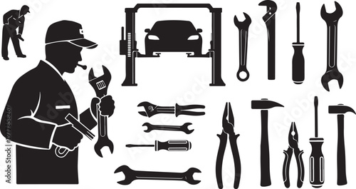 Mechanic with various tools and equipment for car repair