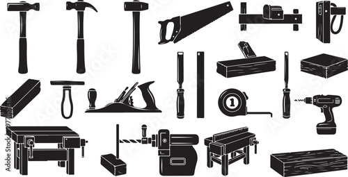 Collection of various carpentry tools and equipment illustration set