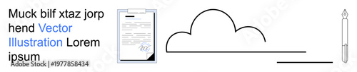 Digital data storage, electronic signatures, cloud services, online documentation, data authenticity, remote access. Document with signature alongside a cloud and pen graphic. Digital data storage