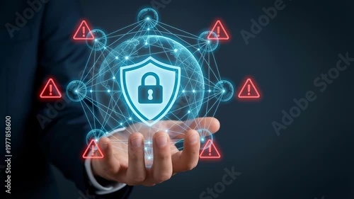 Cybersecurity concept with digital lock and shield symbol in hand representing risk warning and control for global supply chain disruption and economic protection in digital networks