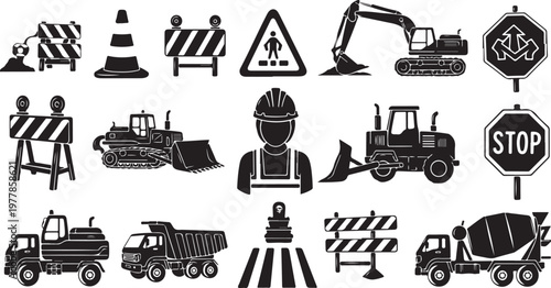 Construction Site Icons and Roadwork Warning Signs Vector Graphics