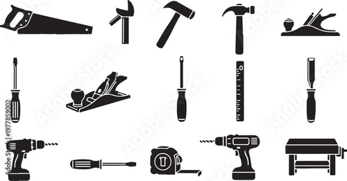 Collection of various carpentry and construction tools icons set