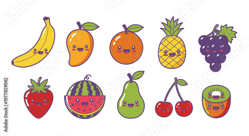 Colorful cartoon fruits icons set.