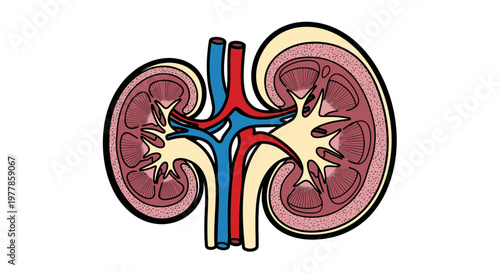 Detailed illustration of human kidney anatomy.