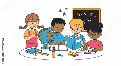 Diverse children studying together classroom.