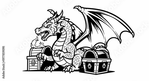 Dragon sitting on treasure chest.