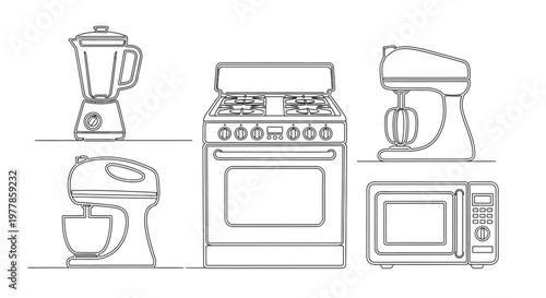 Kitchen appliances in a line.