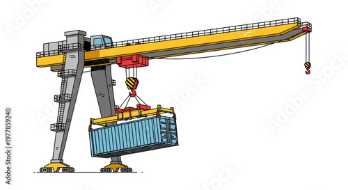 Large Gantry Crane Lifting Blue Container.