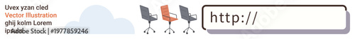 Office teamwork, online connectivity, workplace organization, modern technology, collaboration, virtual search. Three office chairs and a search bar. Office teamwork and online connectivity concept