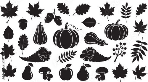 Autumn Harvest Icons and Symbols in Black and White