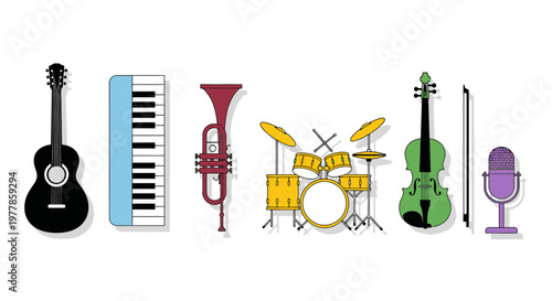 Musical Instruments Collection on White Background.
