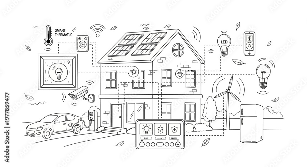 Naklejka premium Eco-friendly house with renewable energy sources and sustainable living concept