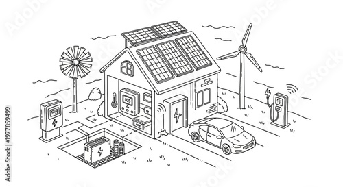 Eco-friendly house with solar panels and electric car