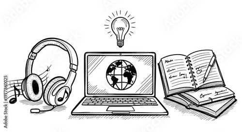 E-learning concept with laptop and headphones on white background