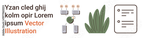 Data organization, communication systems, workflow management, project planning, minimal visuals, technology concepts. interconnected nodes, file structure and greenery. Data organization