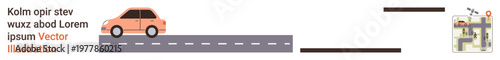 Navigation, transportation, travel, mapping tools, location tracking, road systems. A car on a road with a navigation map on the side. Navigation and transportation concepts