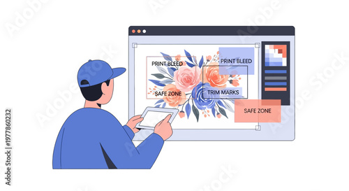 Graphic designer editing floral design template with trim marks and bleed on computer screen