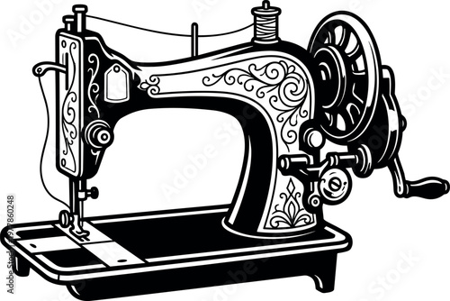 Vintage sewing machine in bold blackwork tattoo style