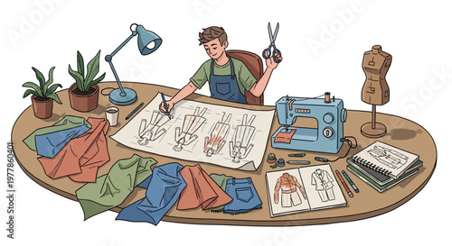 Fashion designer at work with sewing machine and fabrics