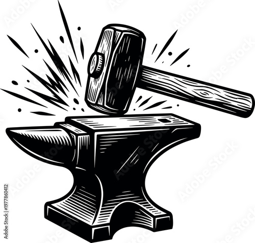 Hammer striking anvil with sparks in bold blackwork tattoo style