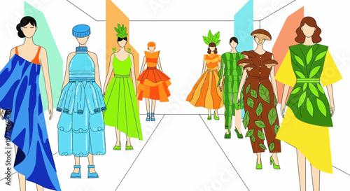 Fashionable people walking down a catwalk in colorful outfits