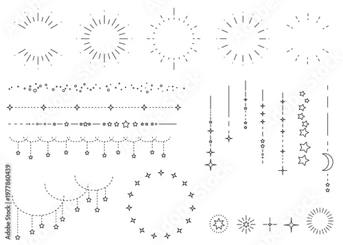 太陽と星空をイメージしたシンプルな飾り罫線・ラインのイラストセット　キラキラ　点　Sunburst