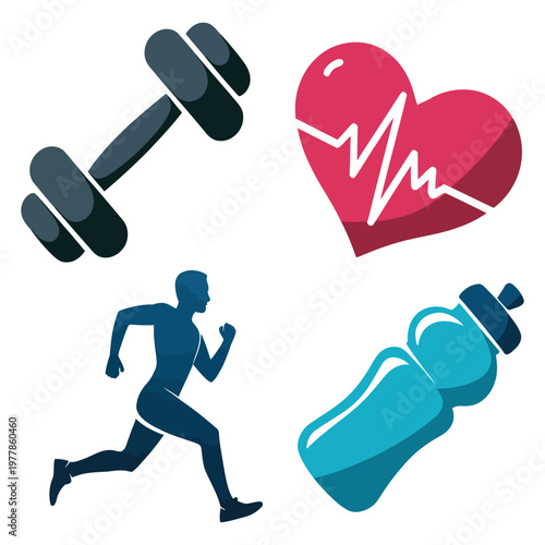 Set of colorful fitness icons featuring heavy dumbbell red heart with pulse line running athlete silhouette and blue water bottle for healthy lifestyle and sports concept design.