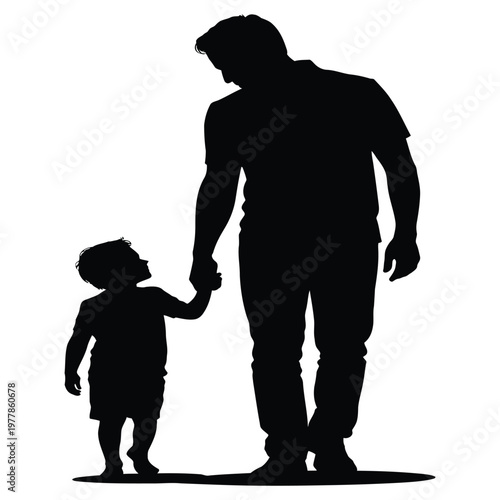 Silhouette of man holding hands with small child walking together on ground isolated on white background representing parenthood and mentorship through simple flat vector design art.