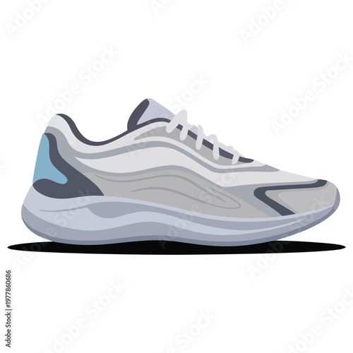 Side view of modern grey athletic running shoe featuring blue accents and thick cushioned sole isolated on white background with shadow for sports footwear product design catalog.