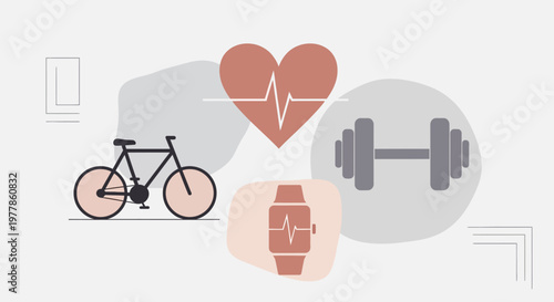 Fitness icons with bicycle, dumbbell, heart rate and smartwatch