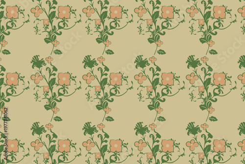 An elegant, flowing composition of intertwined vines and delicate leaves in a soothing sage green palette, embodying traditional organic motifs.