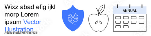 Data security, health lifestyle, annual planning, biometric authentication, nutrition, time management. Shield with fingerprint, an apple and a calendar outline. Data security and health lifestyle