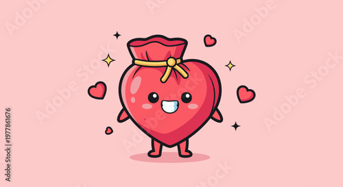 Cute Heart Character With Bow Cartoon Illustration.