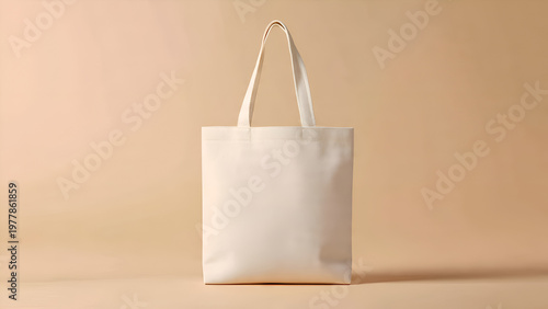 A plain white canvas tote bag with two handles rests upright against a soft, muted beige background, presenting a simple and versatile accessory