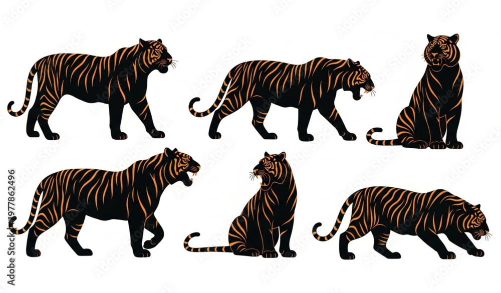 Obraz premium Majestic Tiger Silhouette Vector Set – Wild Big Cat Profiles Collection Isolated on White Background