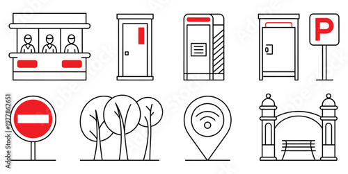 Various city infrastructure icons, vector illustration set featuring roads, bridges, streetlights, public transport