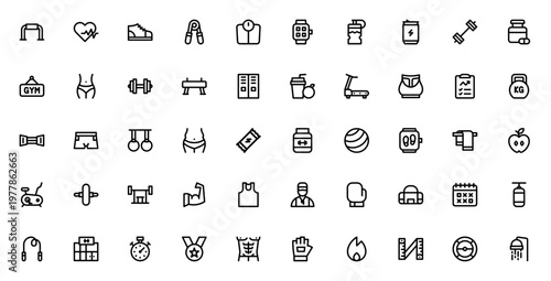 Gym icon set. Fitness vector icons pack. Includes symbols for workout, equipment, nutrition, health, and more. Editable stroke line icons.