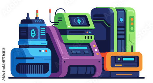 Futuristic cryptocurrency machines illustration
