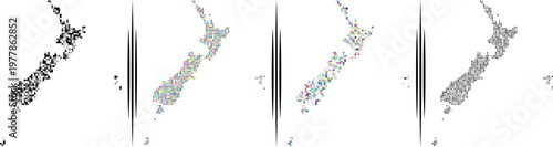 A set of geometry square shape dot pattern New Zealand vector infographic map design with different size and collor dotted pattern art view