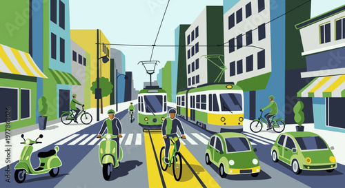 Green city street with eco-friendly transportation