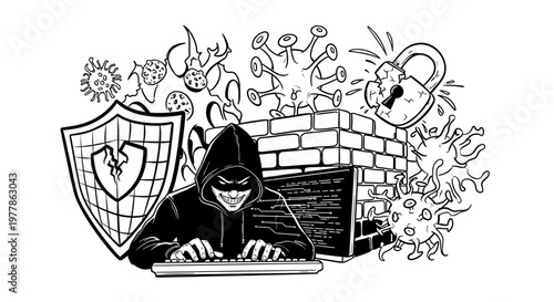 Hacker with laptop and shield cartoon